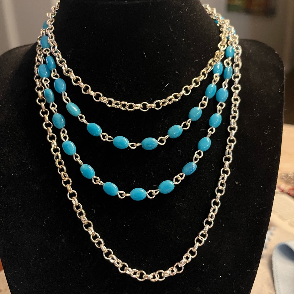 Faux turquoise and silver double strand long necklace